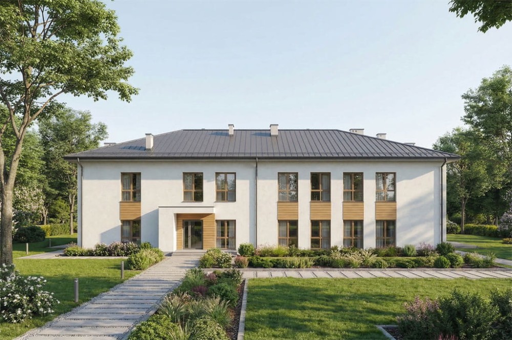 Projekt budynku ZOL z przychodnią rehabilitacyjną i apteką K-157, piętrowy bez garażu i podpiwniczenia - wizualizacja elewacji lewej