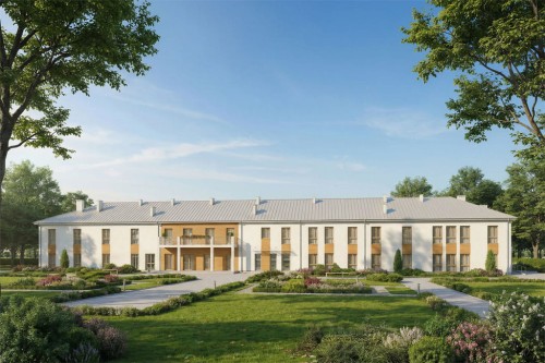 Projekt budynku ZOL z przychodnią rehabilitacyjną i apteką LK-157, piętrowy bez garażu i podpiwniczenia - wizualizacja elewacji frontowej