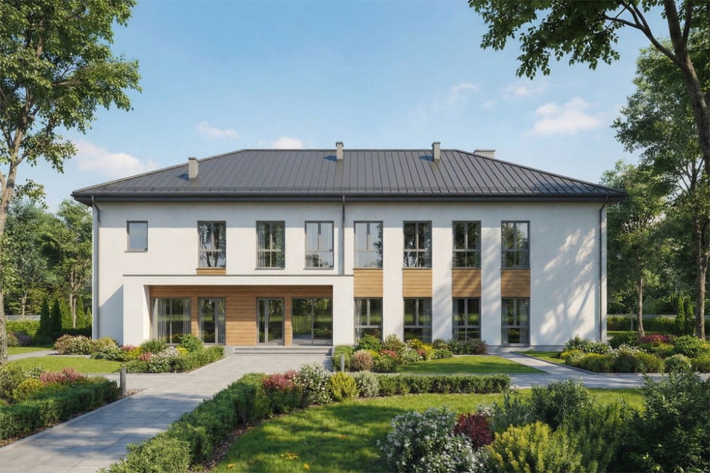 Projekt budynku ZOL z przychodnią rehabilitacyjną i apteką LK-157, piętrowy bez garażu i podpiwniczenia - wizualizacja elewacji prawej
