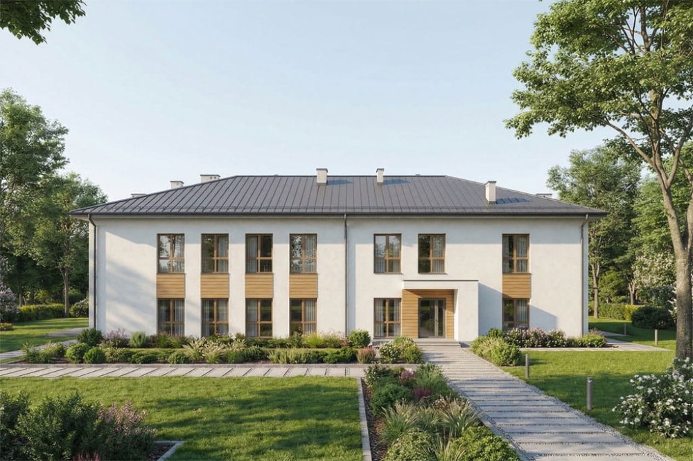 Projekt budynku ZOL z przychodnią rehabilitacyjną i apteką LK-157, piętrowy bez garażu i podpiwniczenia - wizualizacja elewacji lewej