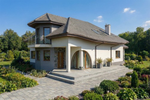 Projekt domu Arbantia DM-6811, parterowy z poddaszem użytkowym, niepodpiwniczony, z garażem i wiatą garażową -  wizualizacja elewacji ogrodowej