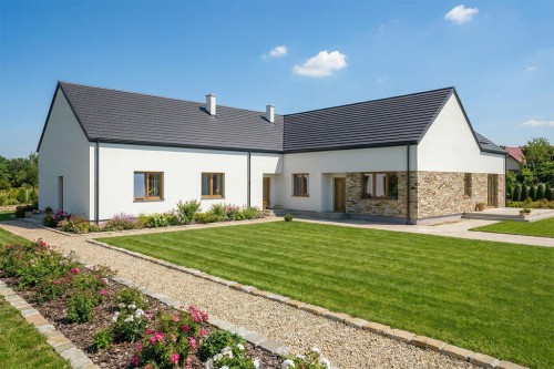 Projekt domu Balceno DM-6821, jednorodzinny, dwulokalowy, parterowy, niepodpiwniczony - wizualizacja elewacji frontowej