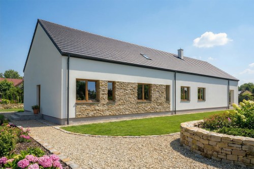 Projekt domu Balceno 2 L-6821, parterowy z poddaszem mieszkalnym, bez podpiwniczenia  - wizualizacja elewacji ogrodowej