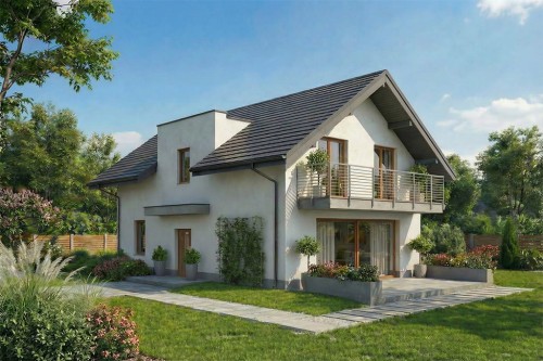 Projekt domu Berguno DM-6825, parterowy z poddaszem mieszkalnym, bez podpiwniczenia  - wizualizacja elewacji ogrodowej