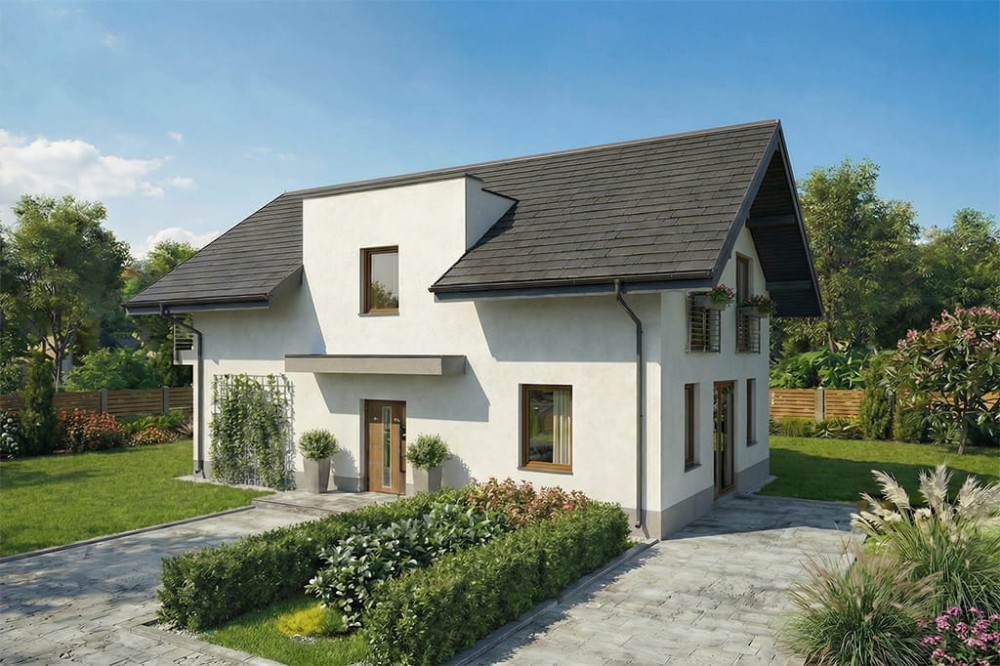 Projekt domu Berguno 2 L-6825, jednorodzinny parterowy z poddaszem użytkowym, niepodpiwniczony - wizualizacja elewacji frontowej