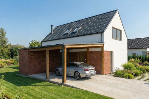 Projekt domu Dianinu DM-6850, parterowy z antresolą, niepodpiwniczony, z wiatą garażową – wizualizacja elewacji