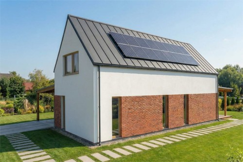 Projekt domu Dianinu DM-6850, parterowy z antresolą, niepodpiwniczony, z wiatą garażową – wizualizacja elewacji