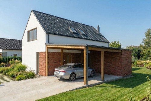 Projekt domu Dianinu 2 L-6850, parterowy z antresolą, niepodpiwniczony, z wiatą garażową – wizualizacja elewacji