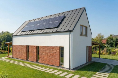 Projekt domu Dianinu 2 L-6850, parterowy z antresolą, niepodpiwniczony, z wiatą garażową – wizualizacja elewacji