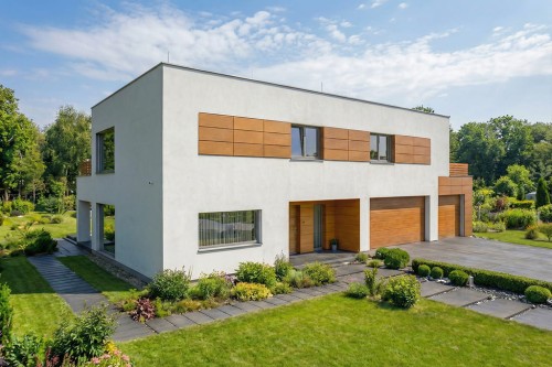 Projekt domu Celsa DM-6857, piętrowy, niepodpiwniczony, z 2 garażami – wizualizacja elewacji