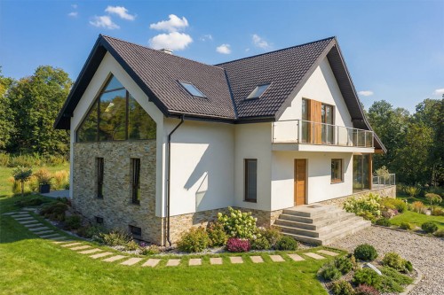 Projekt domu Adix 2 L-6862, parterowy z poddaszem użytkowym, podpiwniczony, z garażem dwustanowiskowym – wizualizacja elewacji