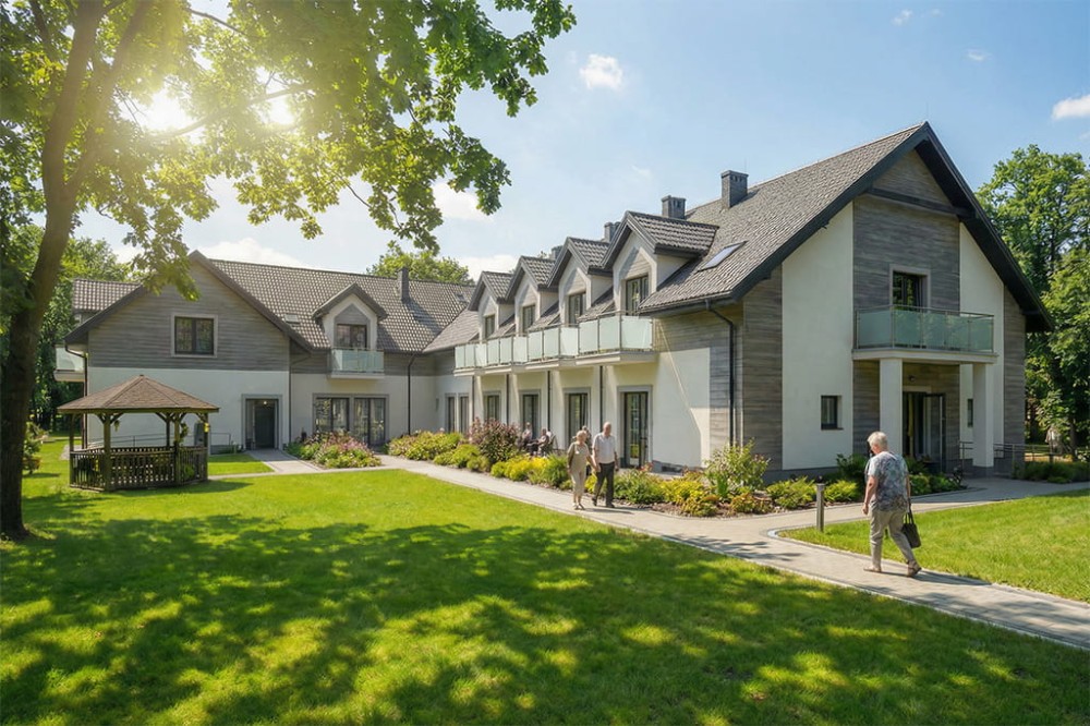 Projekt domu opieki dla osób starszych LK-143, budynek dwukondygnacyjny, bez podpiwniczenia – wizualizacja elewacji