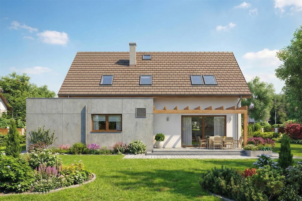 Projekt domu Milin S DM-6640 S, parterowy z poddaszem użytkowym, garażem jednostanowiskowym, niepodpiwniczony - wizualizacja elewacji