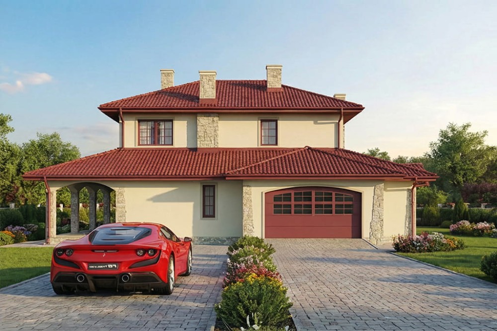 Projekt domu Cimemonga DM-6452, parterowy z garażem dwustanowiskowym, poddaszem mieszkalnym, bez podpiwniczenia - wizualizacja elewacji