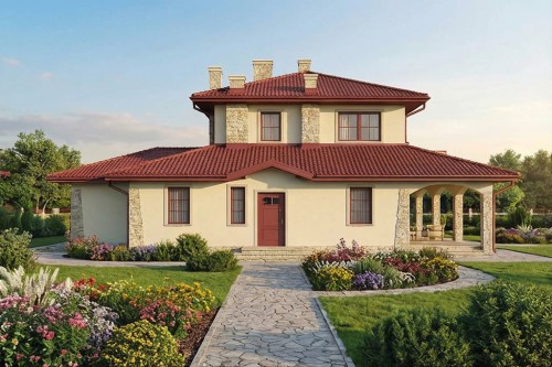 Projekt domu Cimemonga DM-6452, parterowy z garażem dwustanowiskowym, poddaszem mieszkalnym, bez podpiwniczenia - wizualizacja elewacji