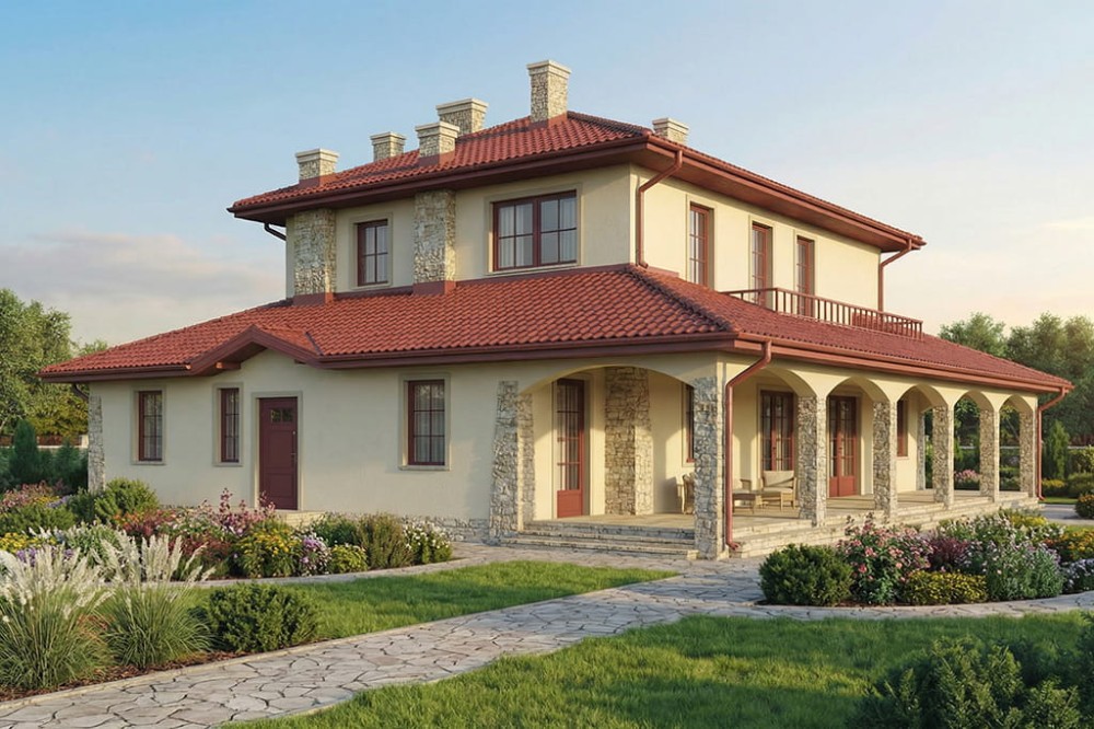 Projekt domu Cimemonga DM-6452, parterowy z garażem dwustanowiskowym, poddaszem mieszkalnym, bez podpiwniczenia - wizualizacja elewacji