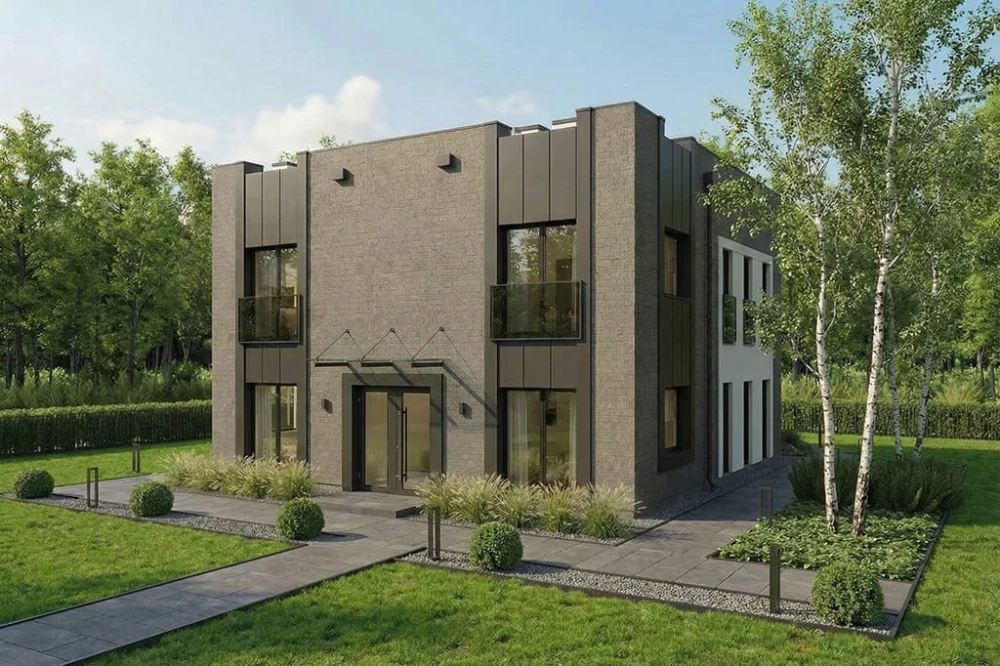 Projekt domu Miniano tech. DM-6790 tech., piętrowy, dwulokalowy, niepodpiwniczony, bez garażu - wizualizacja elewacji ogrodowej