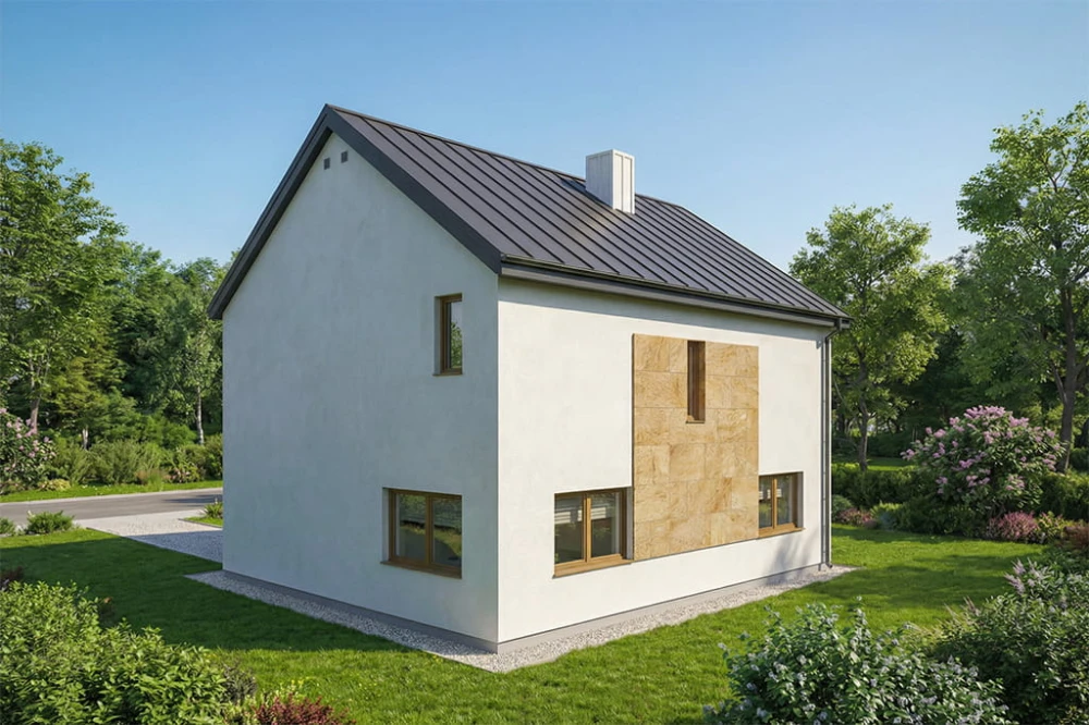 Projekt domu Emesa 2 tech. L-6879 tech., dwukondygnacyjny z poddaszem użytkowym, niepodpiwniczony, bez garażu - wizualizacja elewacji  prawej