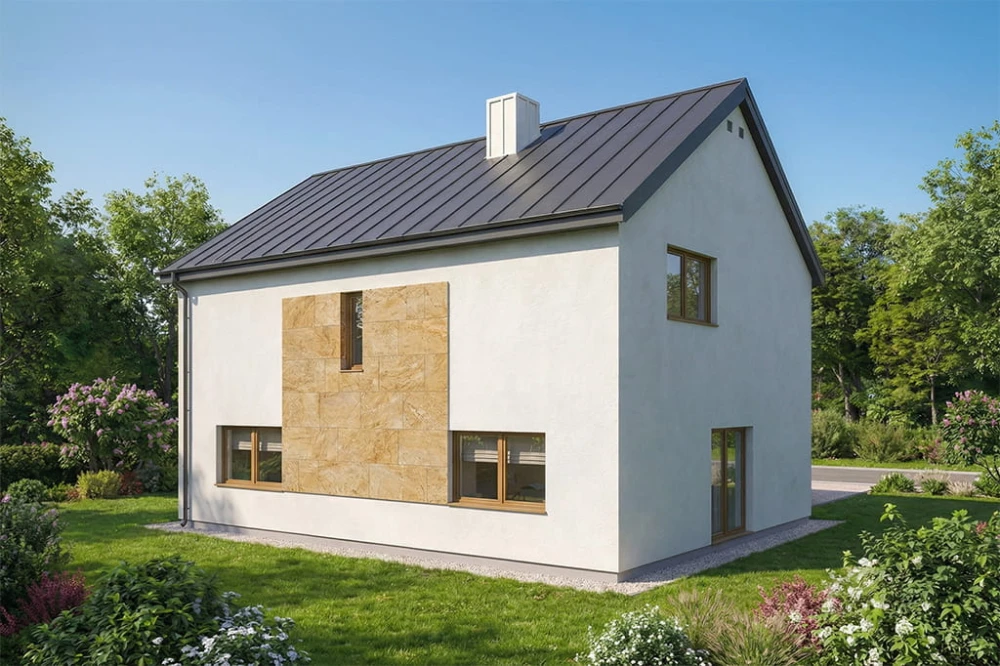 Projekt domu Emesa 2 tech. L-6879 tech., dwukondygnacyjny z poddaszem użytkowym, niepodpiwniczony, bez garażu - wizualizacja elewacji ogrodowej