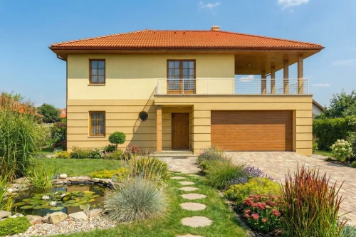 Projekt domu Sasso Lungo DM-6469, piętrowy, dom w stylu włoskim, z garażem dwustanowiskowym, bez podpiwniczenia - wizualizacja elewacji frontowej