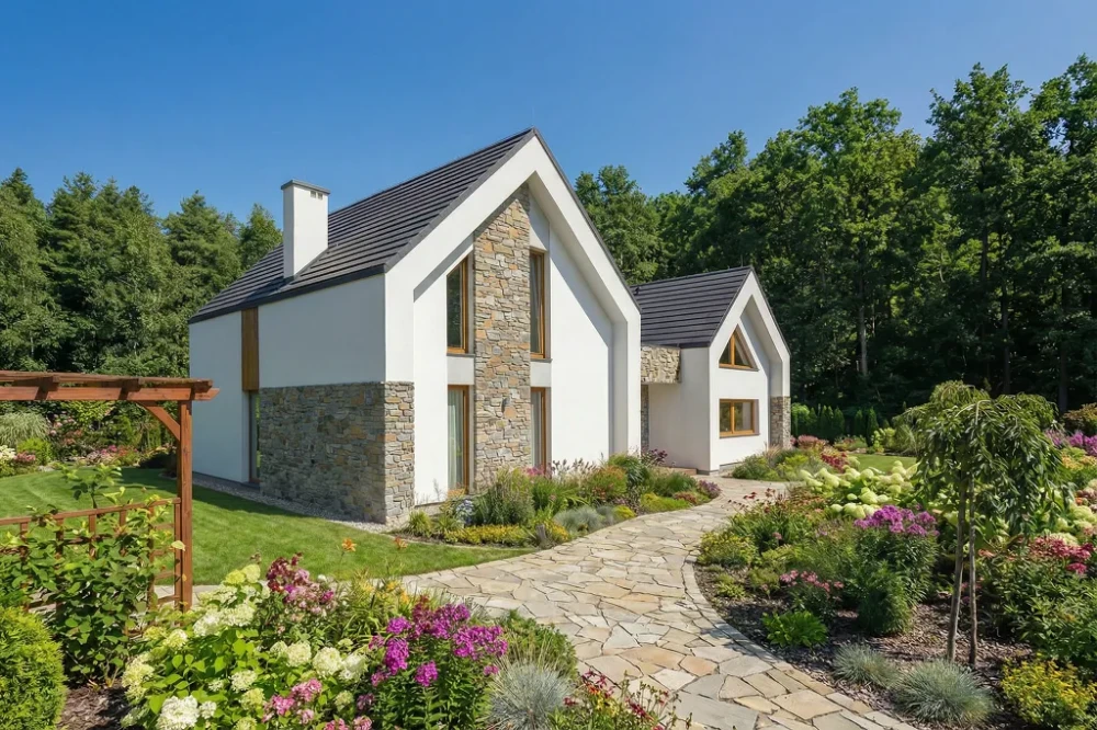 Projekt domu Salone tech. DM-6852 tech., parterowy z poddaszem użytkowym, bez podpiwniczenia, bez garażu - wizualizacja elewacji frontowej ujęcie 2