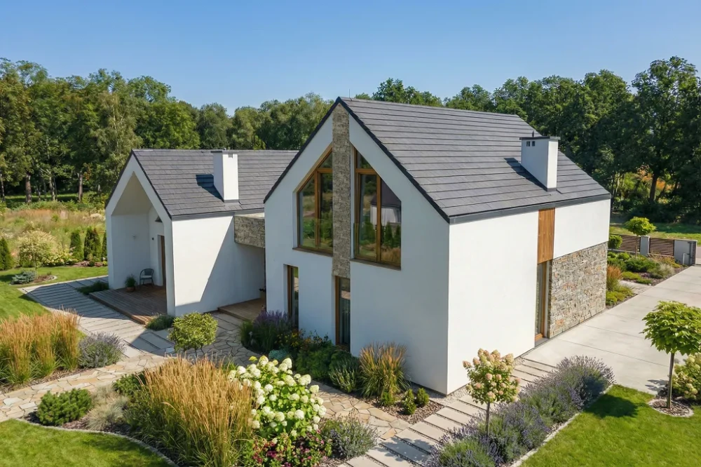 Projekt domu Salone tech. DM-6852 tech., parterowy z poddaszem użytkowym, bez podpiwniczenia, bez garażu - wizualizacja elewacji ogrodowej