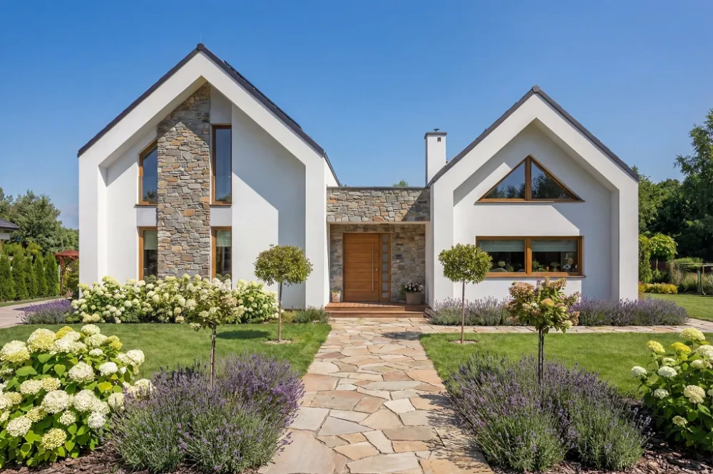 Projekt domu Salone tech. DM-6852 tech., parterowy z poddaszem użytkowym, bez podpiwniczenia, bez garażu - wizualizacja elewacji frontowej