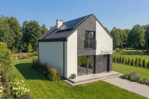 Projekt domu Rista DM-6854, parterowy z poddaszem użytkowym, bez podpiwniczenia, bez garażu - wizualizacja elewacji frontowej