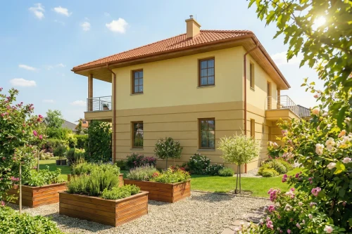 Projekt domu Sasso Lungo tech. DM-6469 tech., piętrowy, dom w stylu włoskim, z garażem dwustanowiskowym, bez podpiwniczenia - wizualizacja elewacji ogrodowej