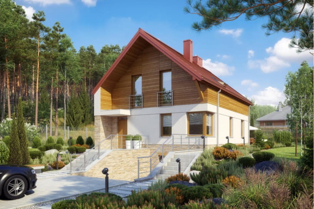 Projekt domu Irysowo tech. DM-6594 tech., dom parterowy z poddaszem mieszkalnym, z garażem, częściowo podpiwniczony  - kolorystyka wersja 4