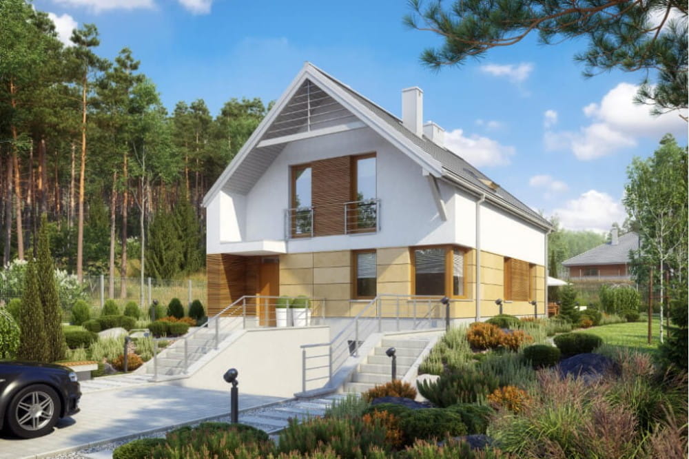 Projekt domu Irysowo tech. DM-6594 tech., dom parterowy z poddaszem mieszkalnym, z garażem, częściowo podpiwniczony  - kolorystyka wersja 3