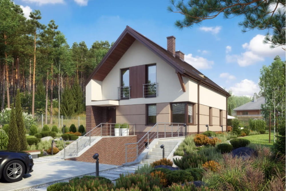 Projekt domu Irysowo tech. DM-6594 tech., dom parterowy z poddaszem mieszkalnym, z garażem, częściowo podpiwniczony  - kolorystyka wersja 2