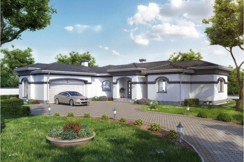Projekt domu Hortensjów 2 tech. L-6595 tech., dom parterowy z częściowym podpiwniczeniem i garażem dwustanowiskowym - kolorystyka wersja 2