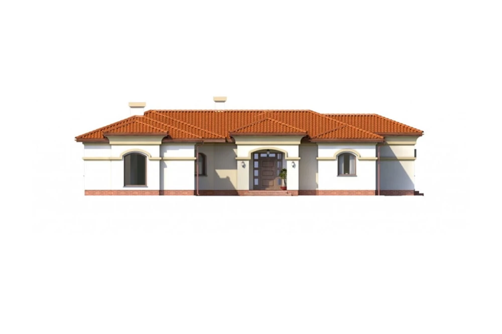 Projekt domu Hortensjów 2 L-6595, dom parterowy z częściowym podpiwniczeniem i garażem dwustanowiskowym - wizualizacja elewacji frontowej