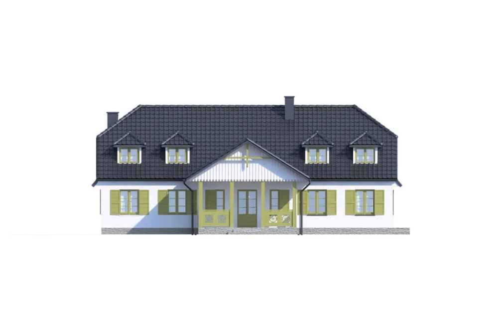 Projekt domu Mirt DM-6601, dom parterowy z poddaszem mieszkalnym, niepodpiwniczony - wizualizacja elewacji ogrodowej