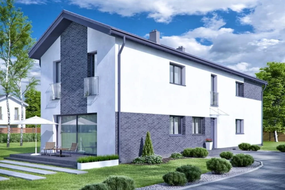 Projekt domu Żurawka tech. DM-6597 tech., dom piętrowy, niepodpiwniczony z garażem dwustanowiskowym - kolorystyka wersja 3