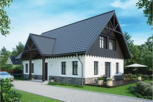 Projekt domu Orzesznik 2 tech. L-6607 tech.,  dom parterowy z poddaszem użytkowym,  niepodpiwniczony - kolorystyka wersja 2