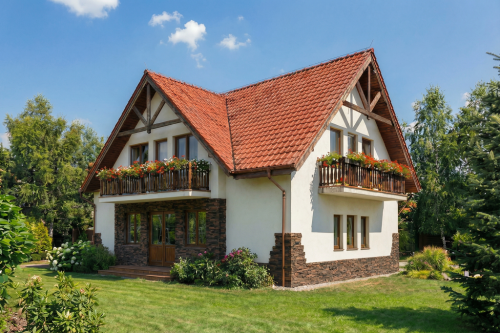 Projekt domu Anin DM-5501, parterowy z poddaszem użytkowym, z garażem, bez podpiwniczenia - wizualizacja elewacji ogrodowej