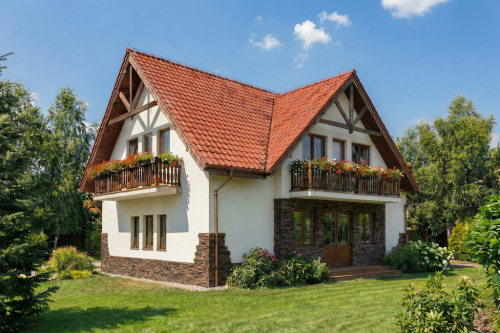 Projekt domu Żelichów L-5501, parterowy z poddaszem użytkowym, z garażem, bez podpiwniczenia - wizualizacja elewacji ogrodowej