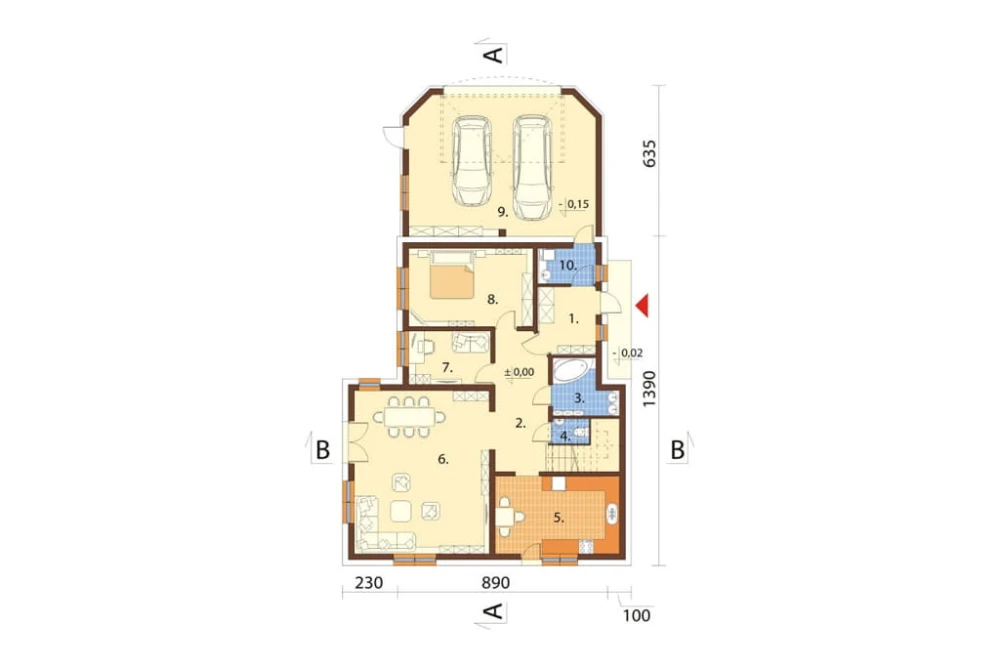 Projekt domu Oczar DM-6608, dom parterowy z poddaszem mieszkalnym, niepodpiwniczony, z garażem dwustanowiskowym - rzut parteru