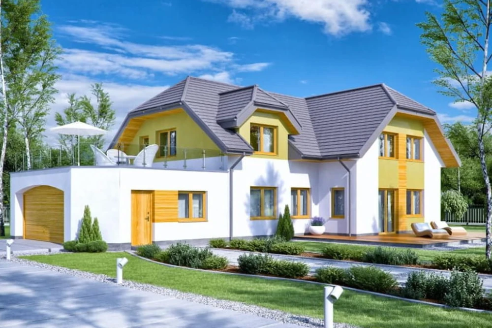Projekt domu Oczar tech. DM-6608 tech., dom parterowy z poddaszem mieszkalnym, niepodpiwniczony, z garażem dwustanowiskowym - kolorystyka wersja 2