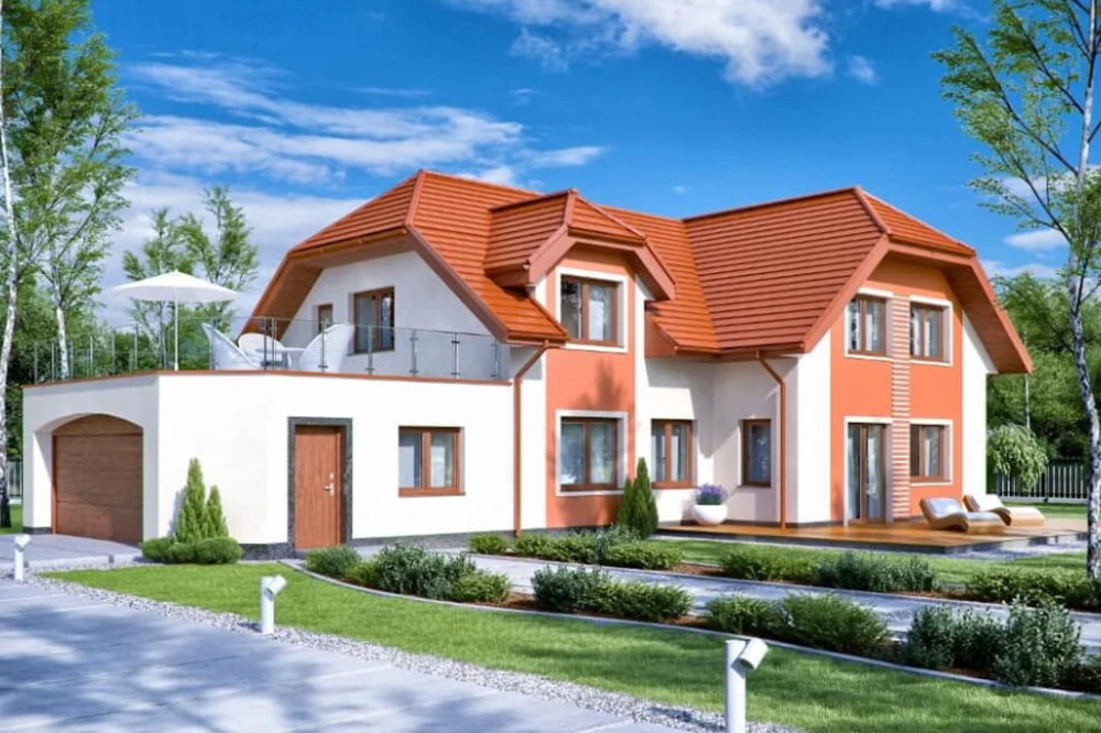 Projekt domu Oczar tech. DM-6608 tech., dom parterowy z poddaszem mieszkalnym, niepodpiwniczony, z garażem dwustanowiskowym - kolorystyka wersja 4