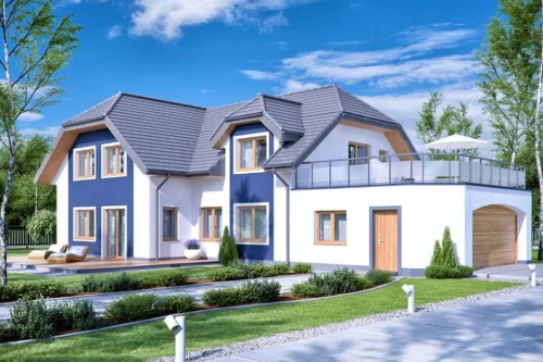 Projekt domu Oczar 2 tech. L-6608 tech., dom parterowy z poddaszem mieszkalnym, niepodpiwniczony, z garażem dwustanowiskowym - kolorystyka wersja 1