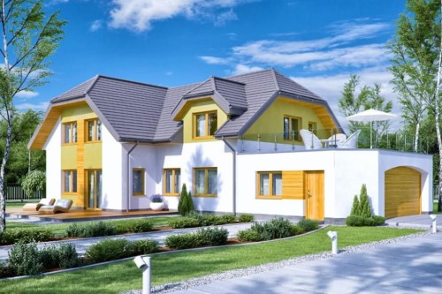 Projekt domu Oczar 2 tech. L-6608 tech., dom parterowy z poddaszem mieszkalnym, niepodpiwniczony, z garażem dwustanowiskowym - kolorystyka wersja 2