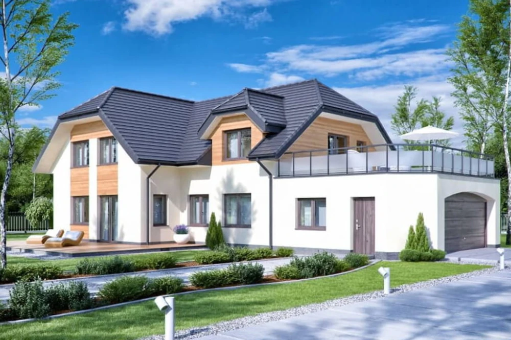 Projekt domu Oczar 2 tech. L-6608 tech., dom parterowy z poddaszem mieszkalnym, niepodpiwniczony, z garażem dwustanowiskowym - kolorystyka wersja 3