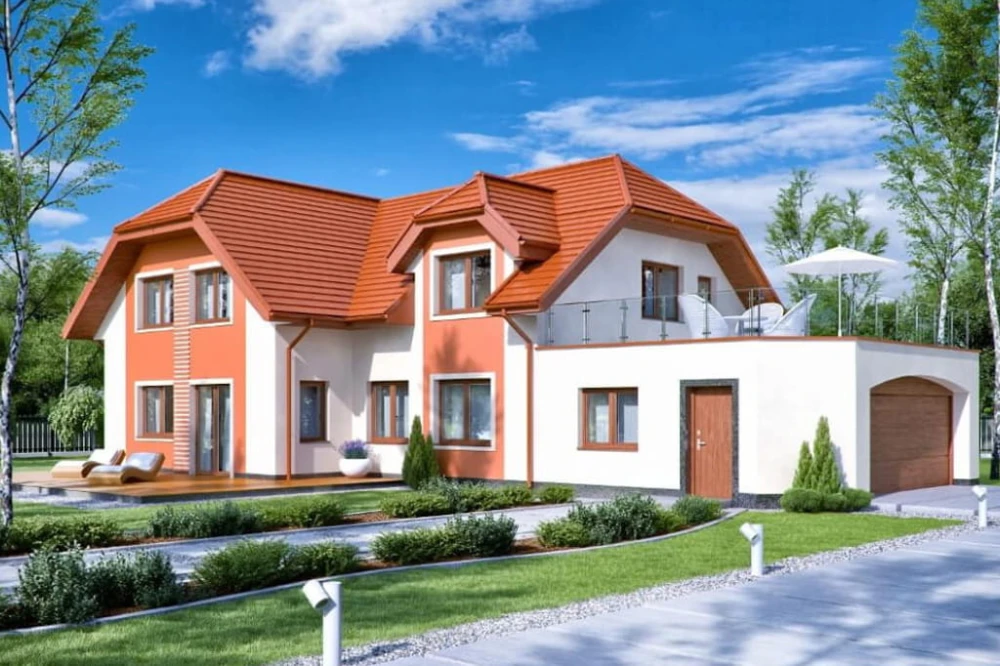 Projekt domu Oczar 2 tech. L-6608 tech., dom parterowy z poddaszem mieszkalnym, niepodpiwniczony, z garażem dwustanowiskowym - kolorystyka wersja 4