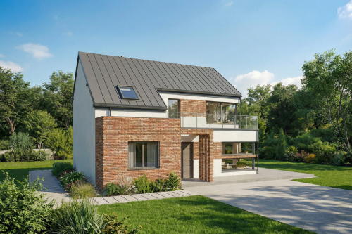 Projekt domu Katalum DM-6863, parterowy z antresolą, bez garażu, bez podpiwniczenia - wizualizacja elewacji frontowej