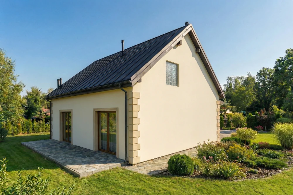 Projekt domu Maltis DM-6866, parterowy z poddaszem nieużytkowym, bez garażu, bez podpiwniczenia - wizualizacja elewacji ogrodowej