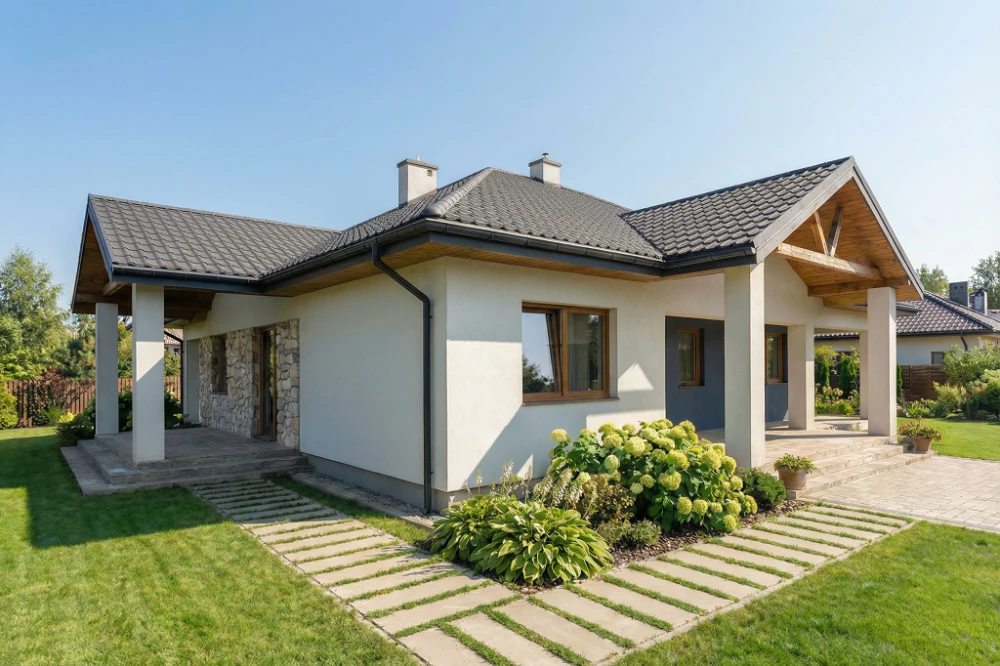 Projekt domu Traducta tech. DM-6699 tech., parterowy, bez garażu, bez podpiwniczenia - wizualizacja elewacji lewej