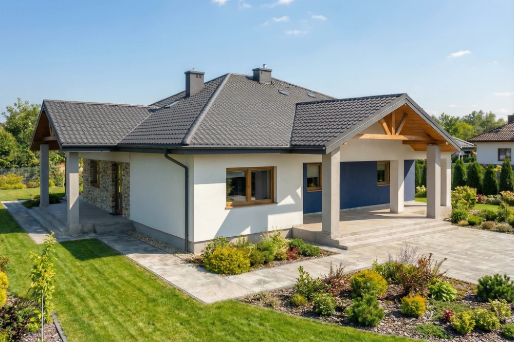 Projekt domu Traducta tech. DM-6699 tech., parterowy, bez garażu, bez podpiwniczenia - wizualizacja elewacji frontowej ujęcie 3